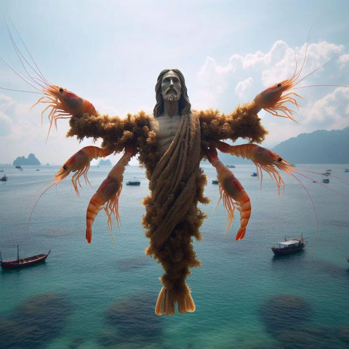 人物とエビを組み合わせたAI生成の「Shrimp Jesus」の例