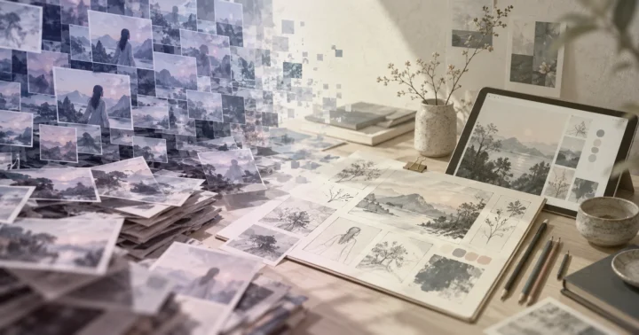大量の似た生成画像と、人が意図を持って制作するデスクを対比したイメージ