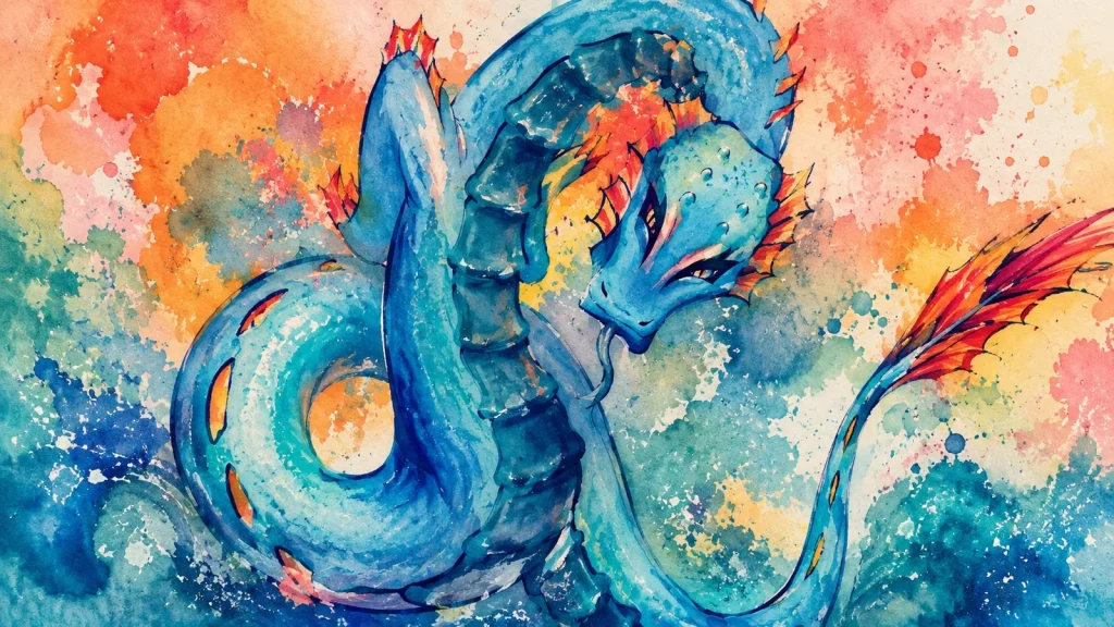 青いドラゴンを暖色と寒色の水彩タッチで描いたイラスト