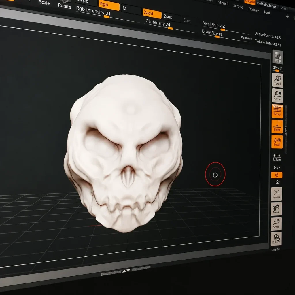 目と顎の形を彫り込んだ頭骨モチーフの3Dスカルプトツールスカルプト