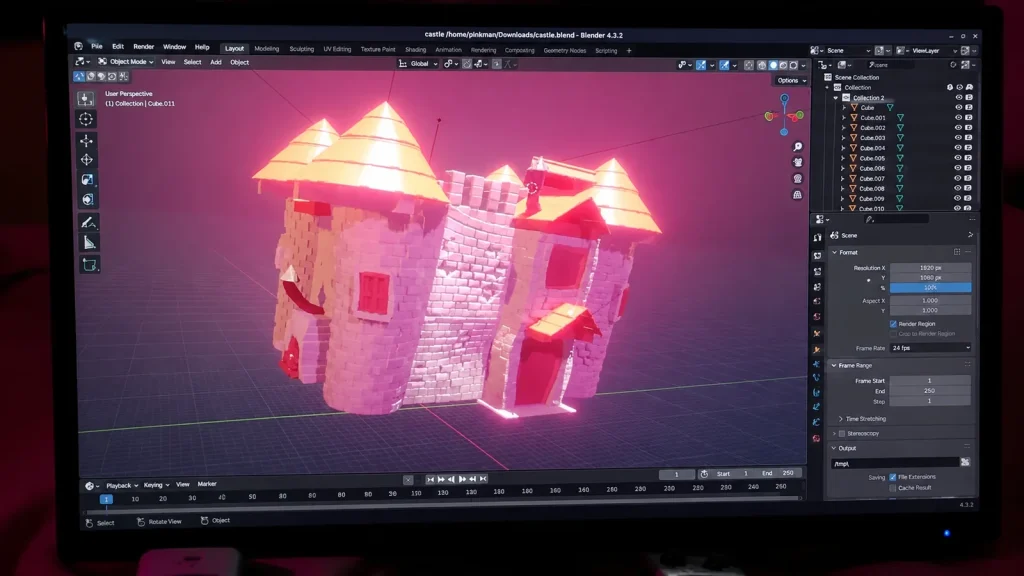 左右の塔と石積みの城壁を組み合わせたファンタジーの城の3DCG制作ツール画面