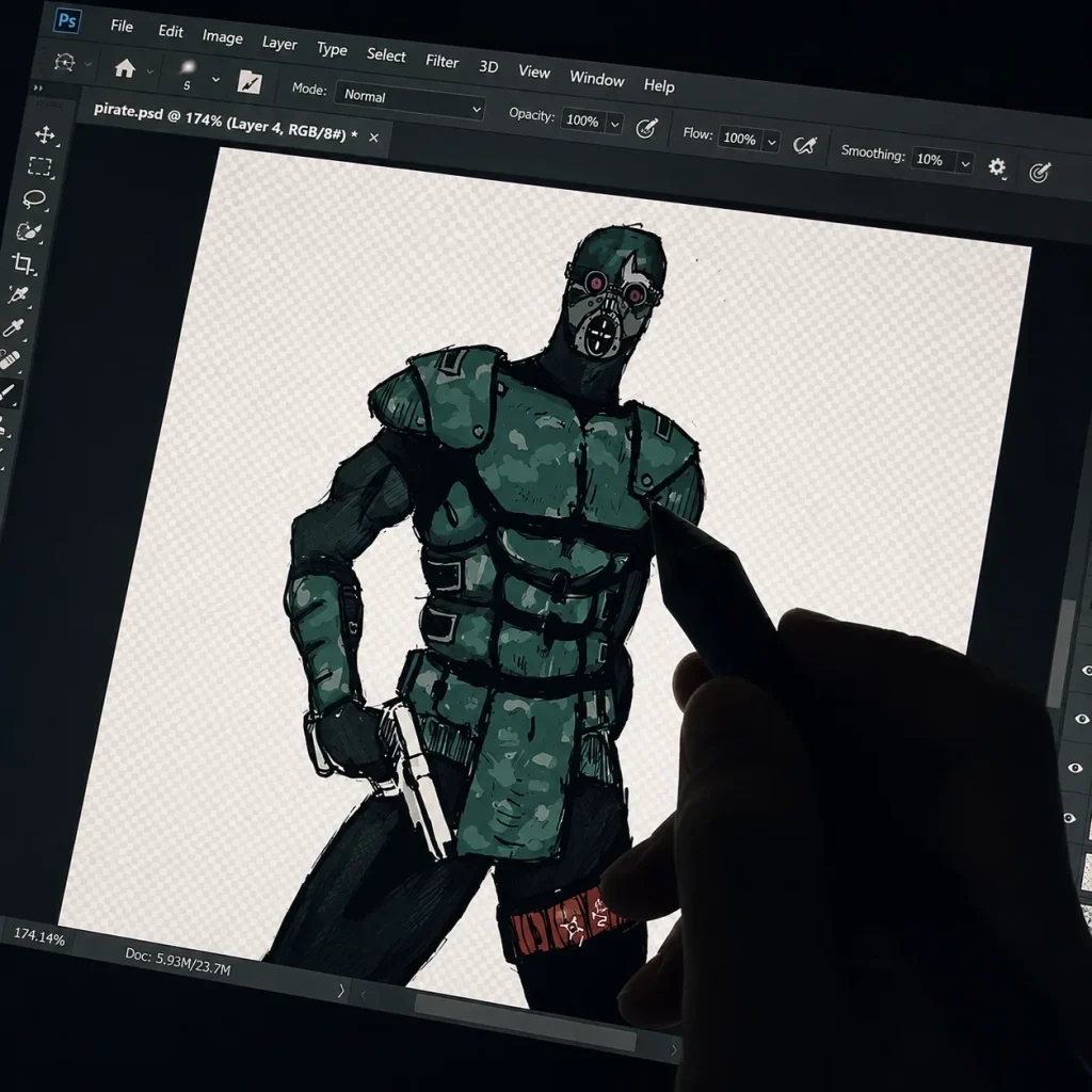 暗い装備のキャラクターをペンタブレットで描き込む制作画面
