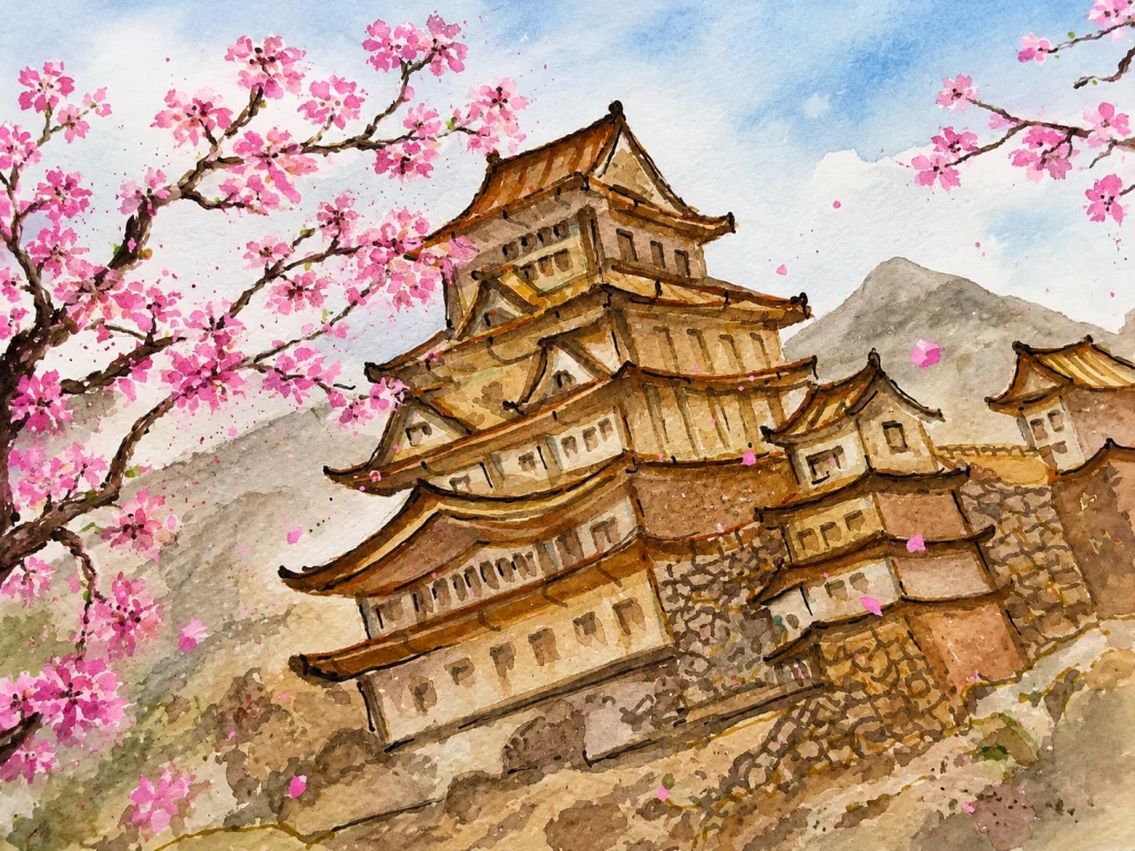 城と桜の水彩タッチイラストの制作ビジュアル