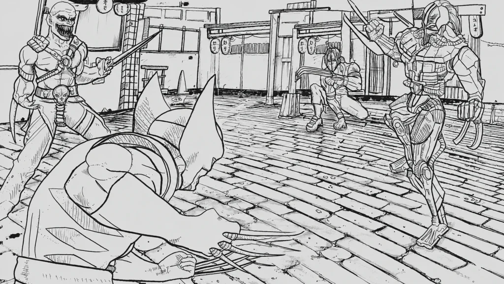 アクション場面の線画・着彩研究の制作ビジュアル