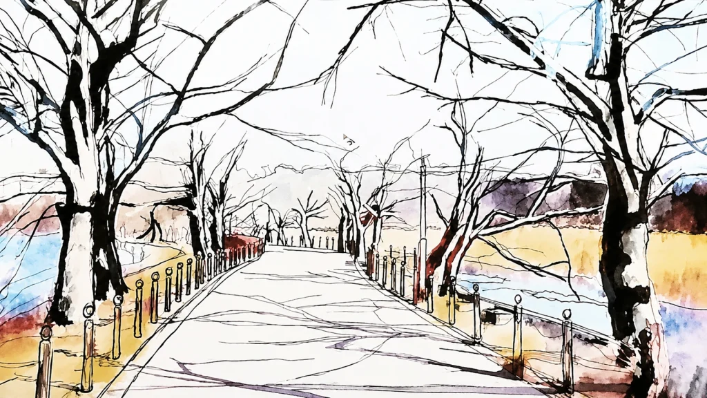 公園の風景スケッチの制作ビジュアル