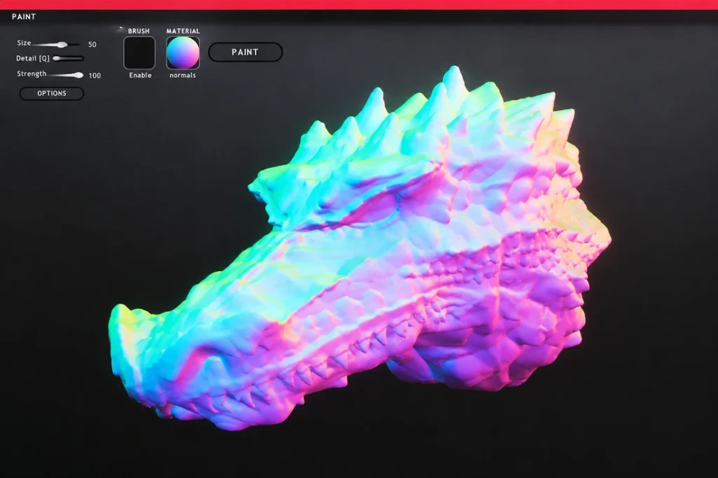 ドラゴンの頭部3Dスカルプト:同じモデルの制作画面。